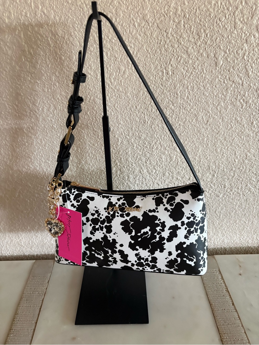 Betsey Johnson Black & White Cow Print Crossbody Bag